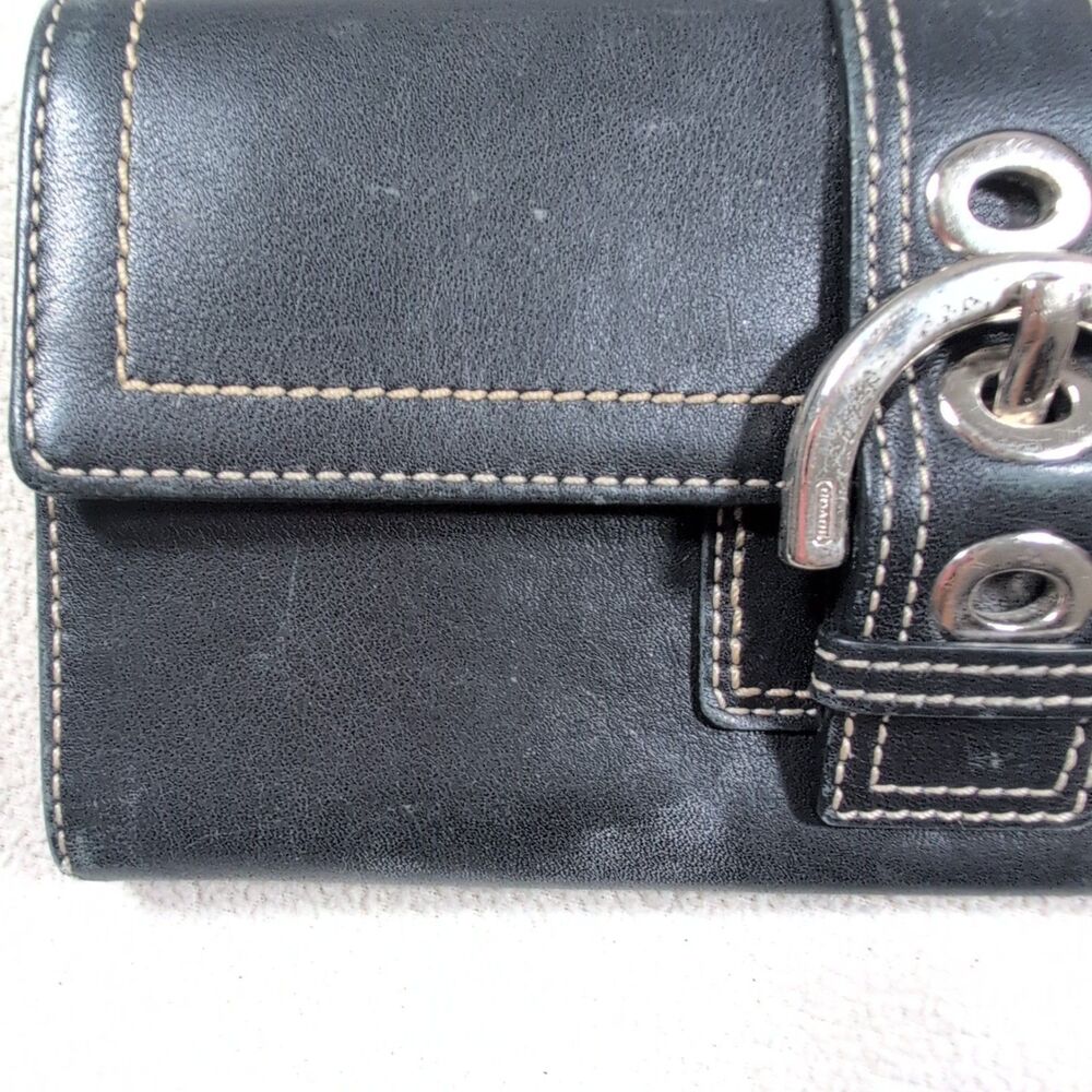 Vintage Coach Soho Clutch Black Leather Wallet Accordion Buckle Contrast Stitch - Picture 9 of 15